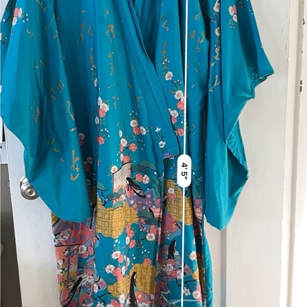 Smithsonian Turquoise Floral Kimono Robe 100% Cotton Women’s Size M Japan - Picture 7 of 11